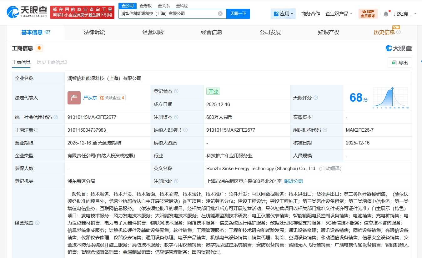 潤健股份上海布局新賽道，能源科技公司正式成立進軍基礎電信業(yè)務